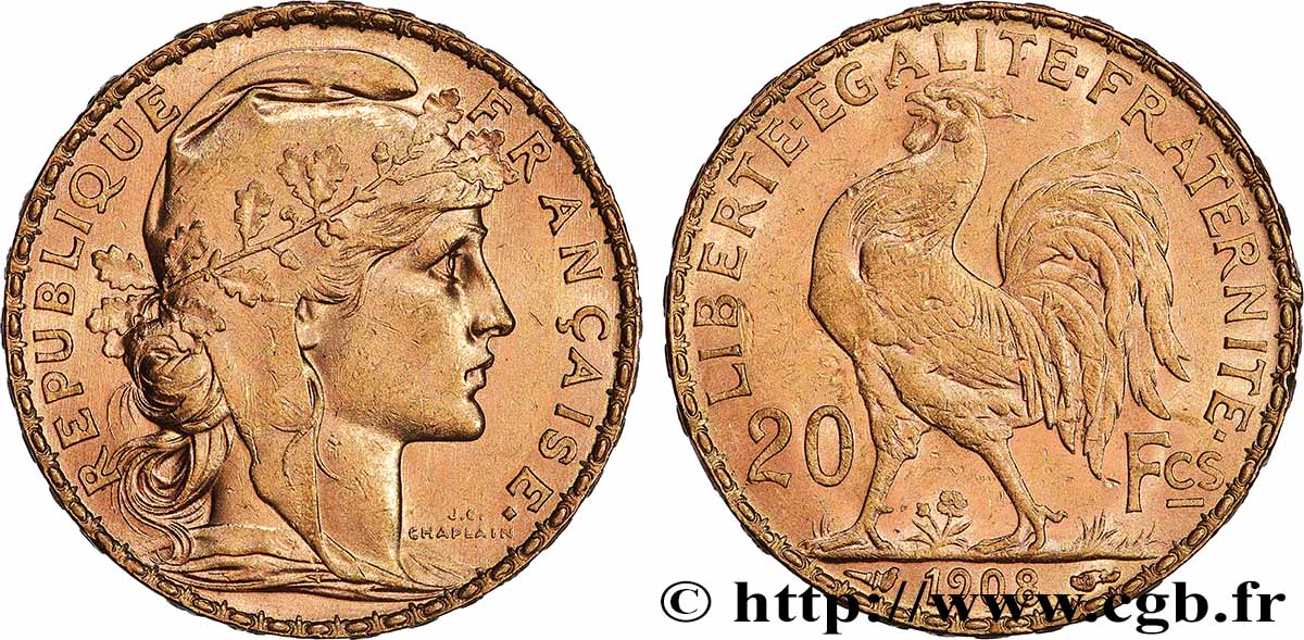20 francs or Coq, Liberté Égalité Fraternité 1908 Paris F.535/2 q.SPL 