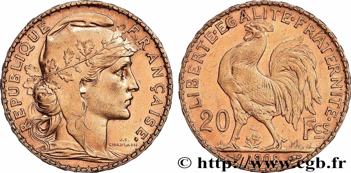 20 francs or Coq, Liberté Égalité Fraternité 1908 Paris F.535/2 TTB 