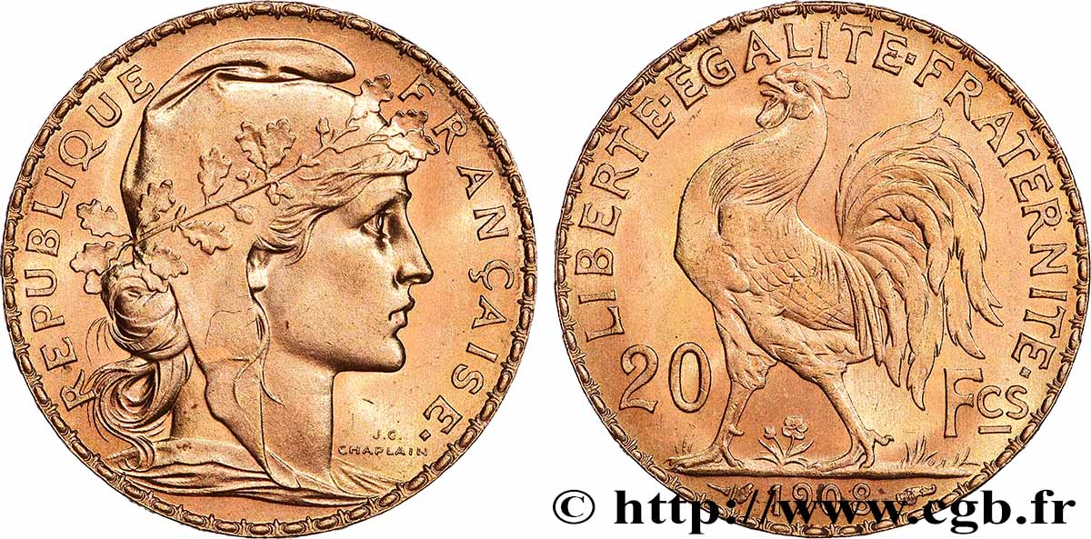 20 francs or Coq, Liberté Égalité Fraternité 1908 Paris F.535/2 MS 
