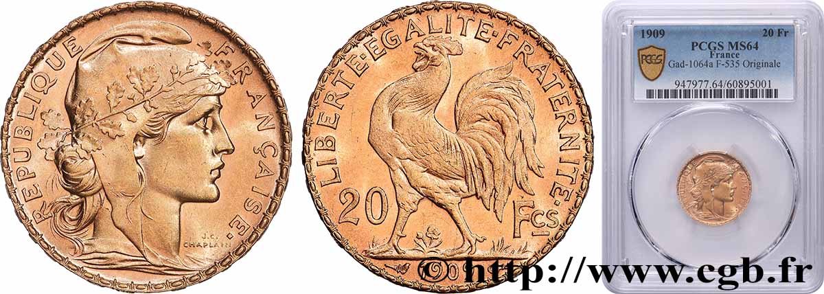 20 francs or Coq, Liberté Égalité Fraternité 1909 Paris F.535/3 fST64 PCGS