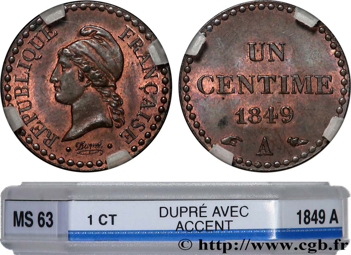 Un centime Dupré, IIe République 1849 Paris F.101/2 SPL63 GENI