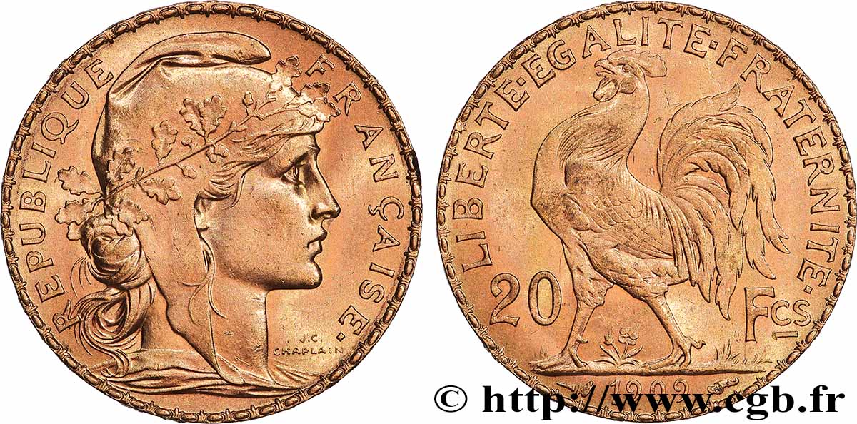 20 francs or Coq, Liberté Égalité Fraternité 1909 Paris F.535/3 MS 