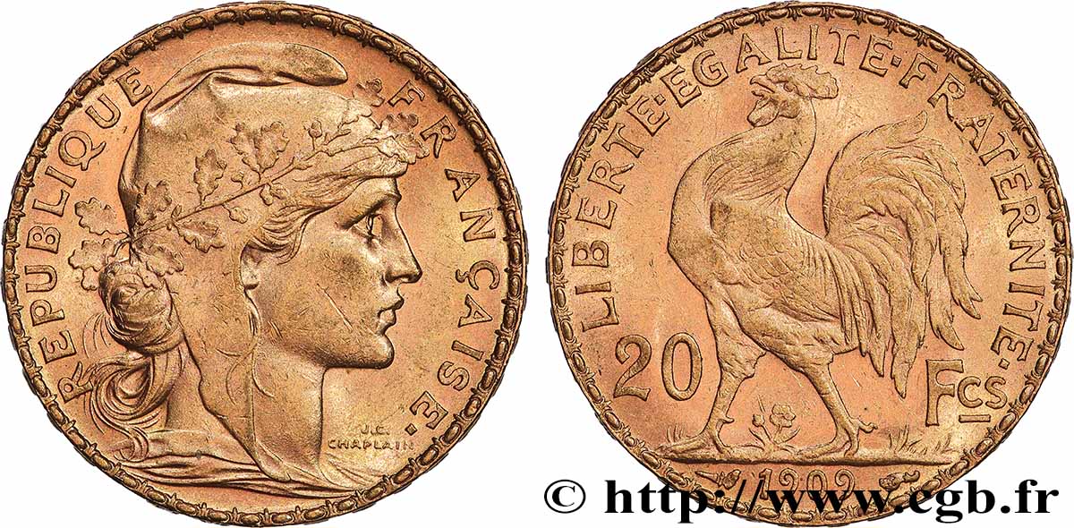 20 francs or Coq, Liberté Égalité Fraternité 1909 Paris F.535/3 SUP 
