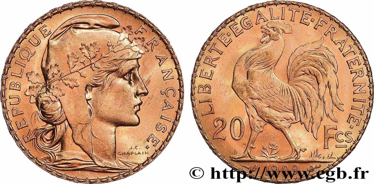 20 francs or Coq, Liberté Égalité Fraternité 1909 Paris F.535/3 fST 