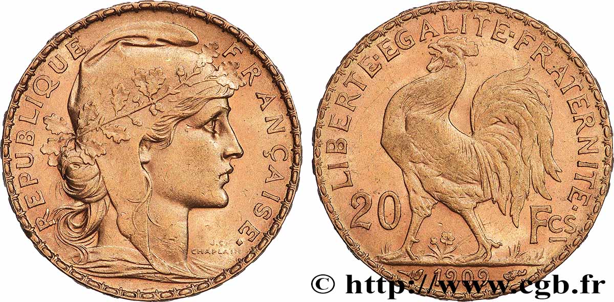 20 francs or Coq, Liberté Égalité Fraternité 1909 Paris F.535/3 AU 