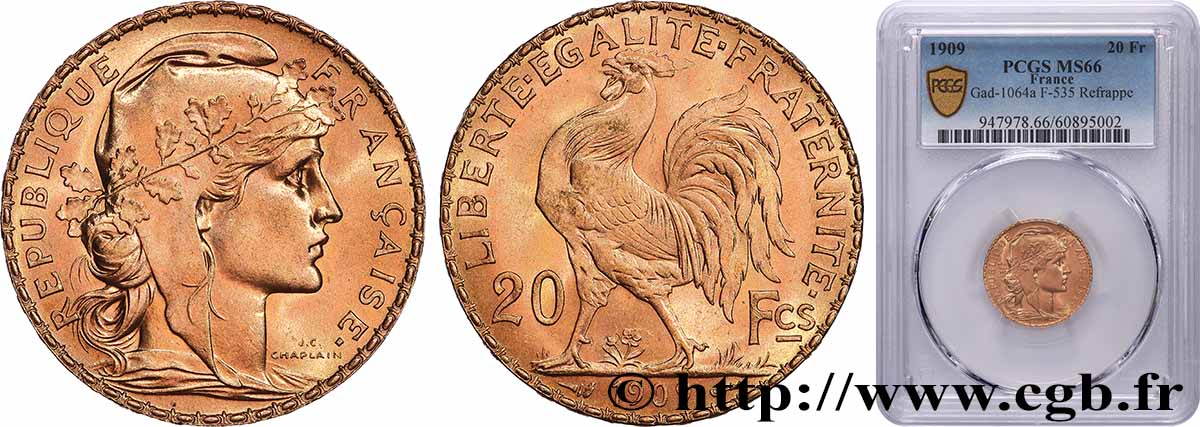 20 francs or Coq, Liberté Égalité Fraternité 1909 Paris F.535/3 ST66 PCGS