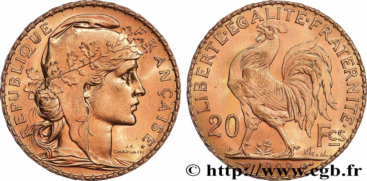 20 francs or Coq, Liberté Égalité Fraternité 1909 Paris F.535/3 SPL 