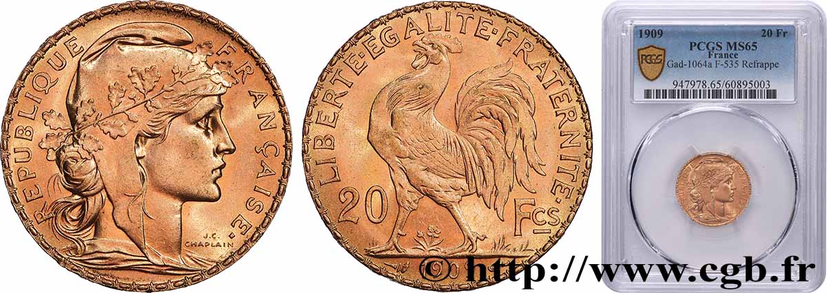 20 francs or Coq, Liberté Égalité Fraternité 1909 Paris F.535/3 ST65 PCGS