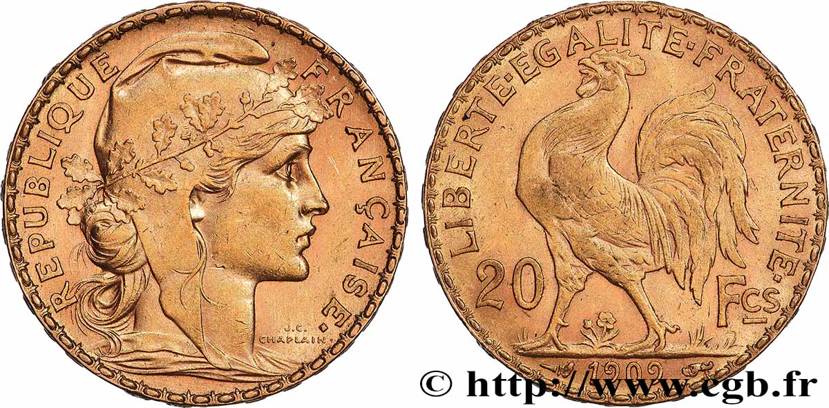 20 francs or Coq, Liberté Égalité Fraternité 1909 Paris F.535/3 AU 