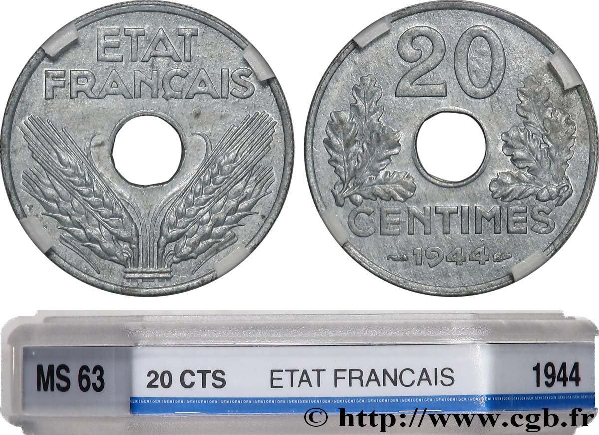20 centimes État français, légère 1944  F.153A/2 SPL63 GENI