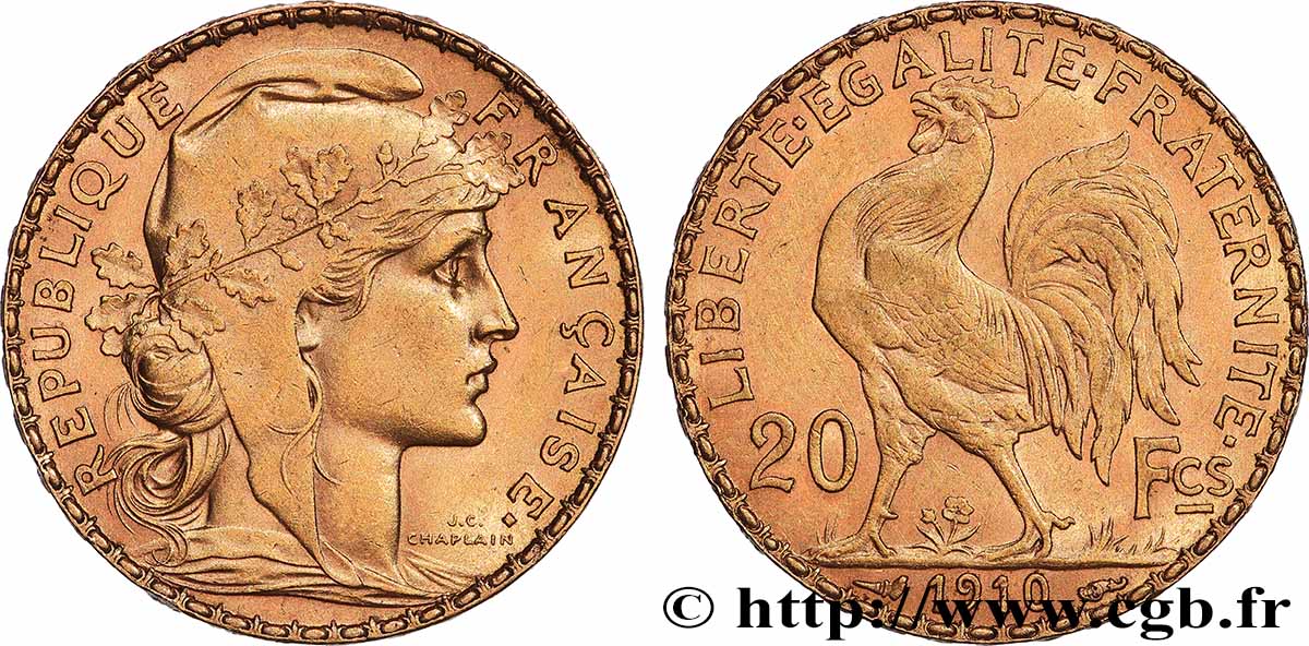 20 francs or Coq, Liberté Égalité Fraternité 1910 Paris F.535/4 AU 