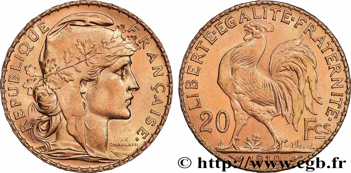 20 francs or Coq, Liberté Égalité Fraternité 1910 Paris F.535/4 MS 