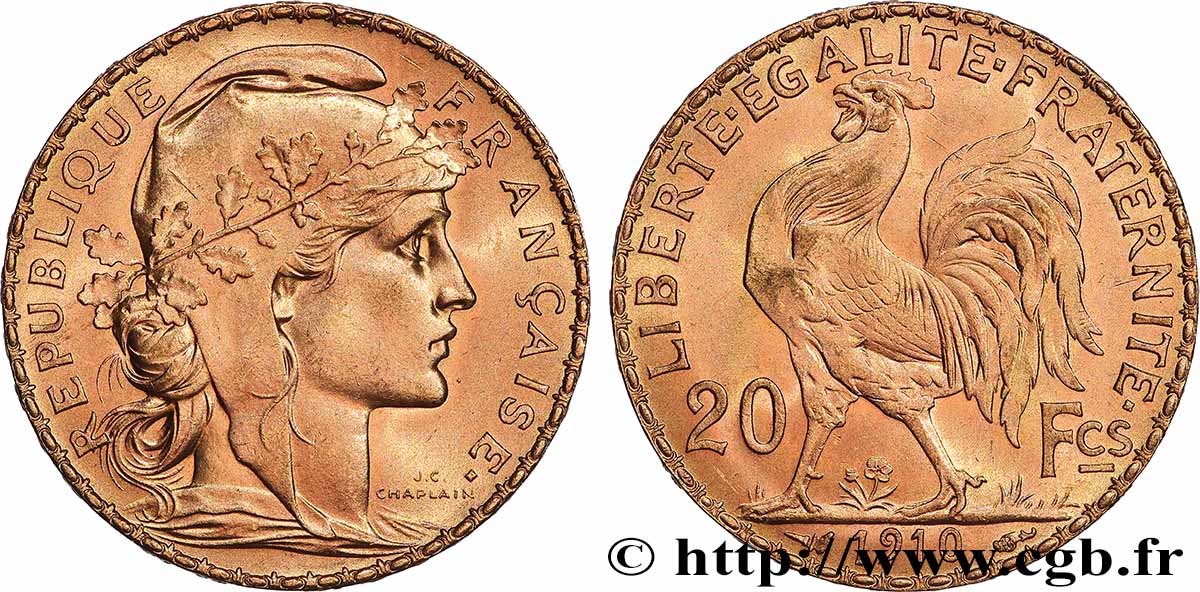 20 francs or Coq, Liberté Égalité Fraternité 1910 Paris F.535/4 fST 