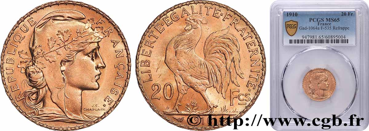 20 francs or Coq, Liberté Égalité Fraternité 1910 Paris F.535/4 FDC65 PCGS