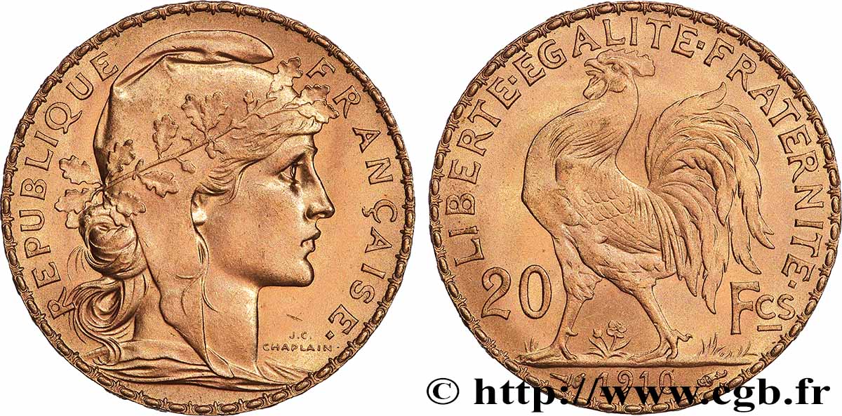20 francs or Coq, Liberté Égalité Fraternité 1910 Paris F.535/4 SC 