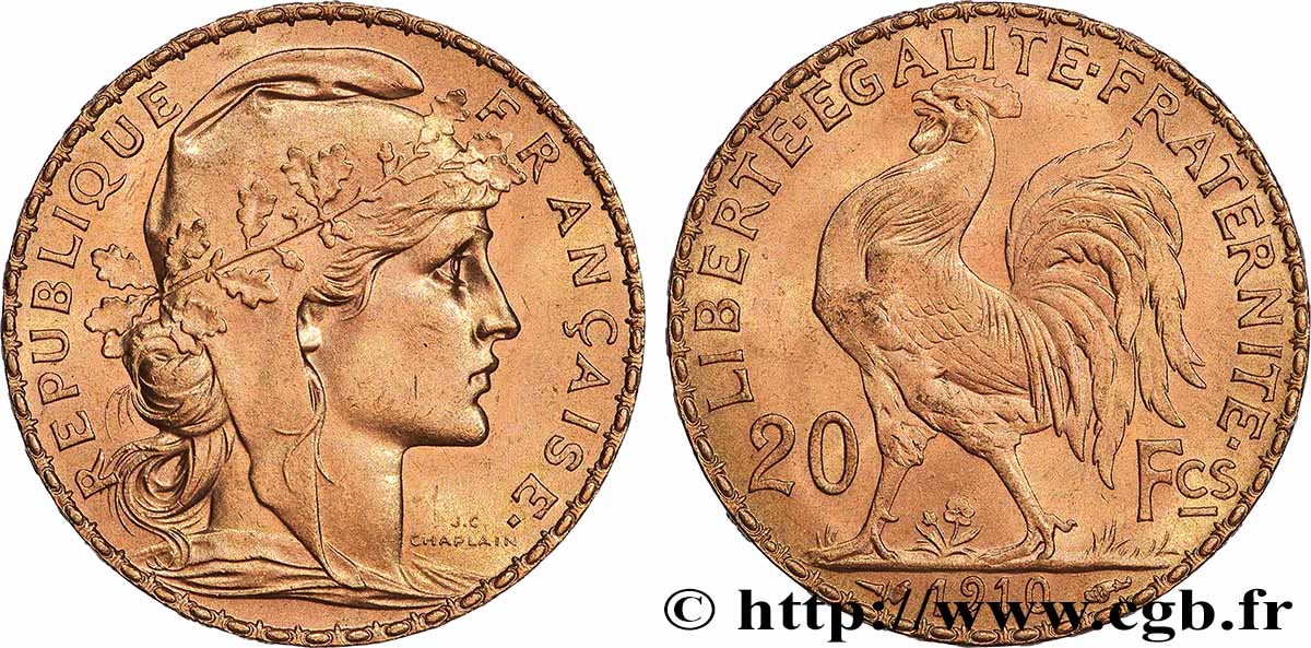 20 francs or Coq, Liberté Égalité Fraternité 1910 Paris F.535/4 fST 