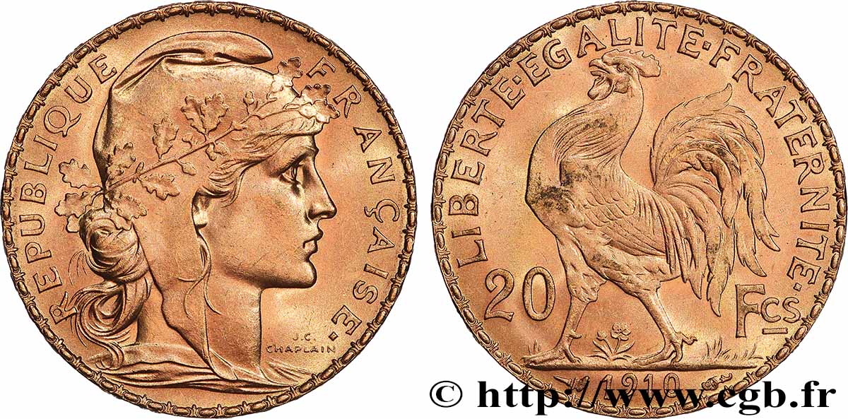 20 francs or Coq, Liberté Égalité Fraternité 1910 Paris F.535/4 MS 