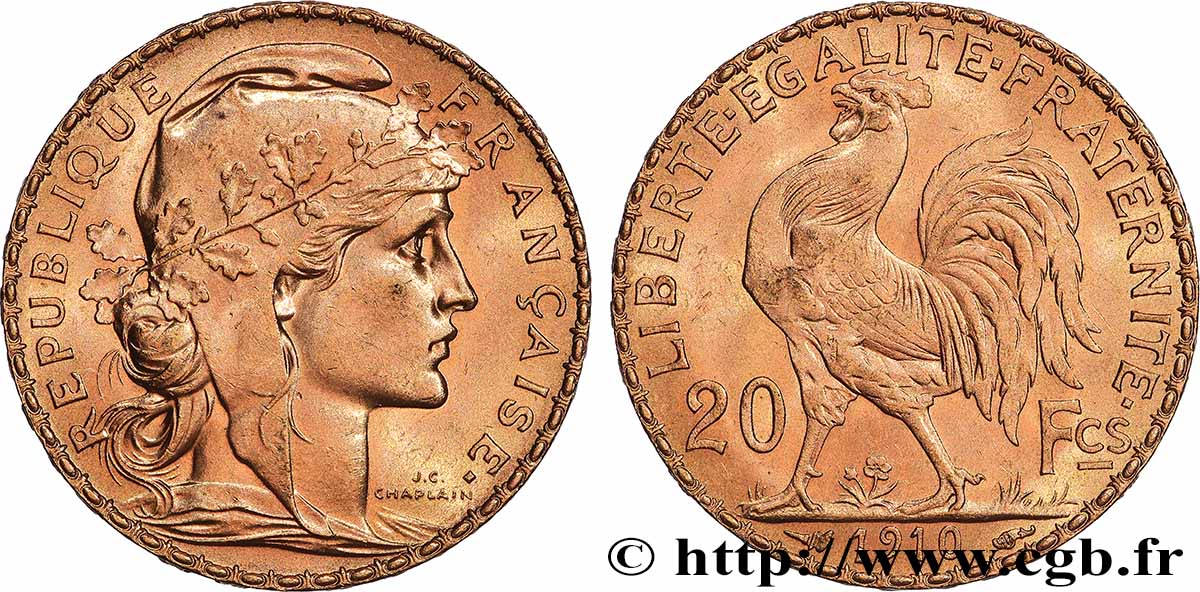 20 francs or Coq, Liberté Égalité Fraternité 1910 Paris F.535/4 MS 