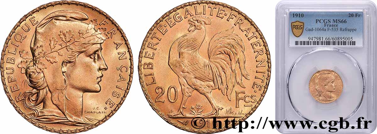 20 francs or Coq, Liberté Égalité Fraternité 1910 Paris F.535/4 FDC66 PCGS
