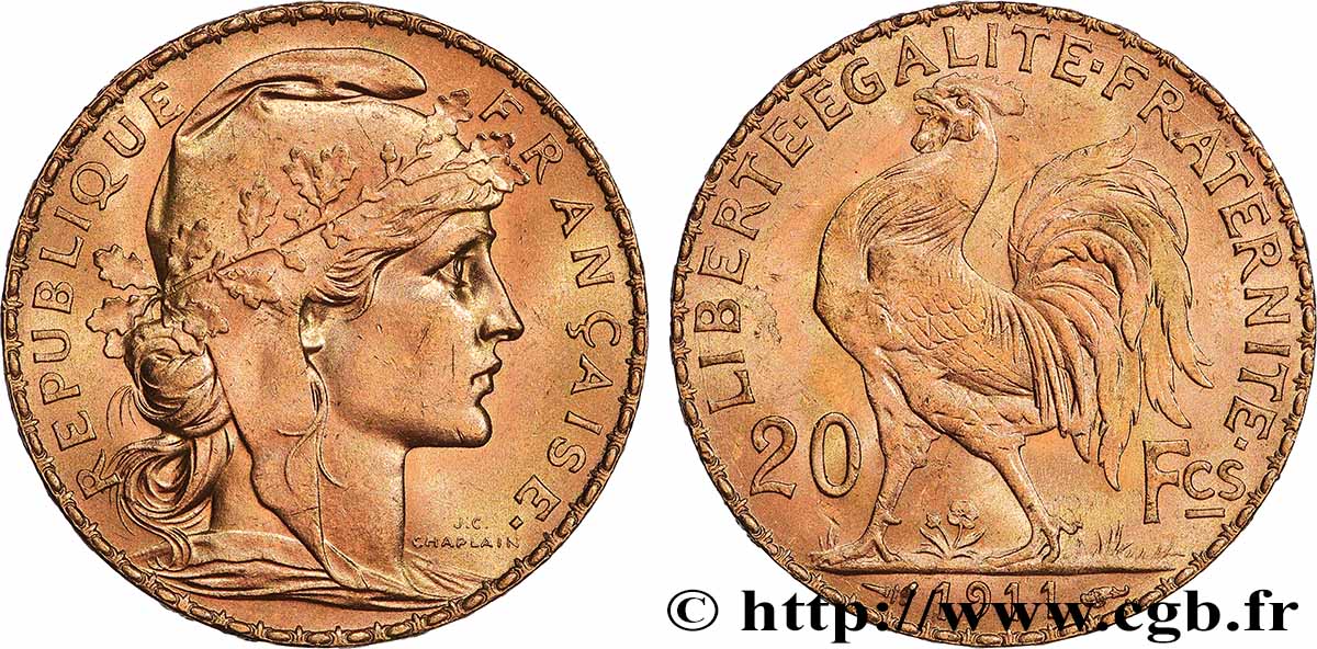 20 francs or Coq, Liberté Égalité Fraternité 1911 Paris F.535/5 MS 