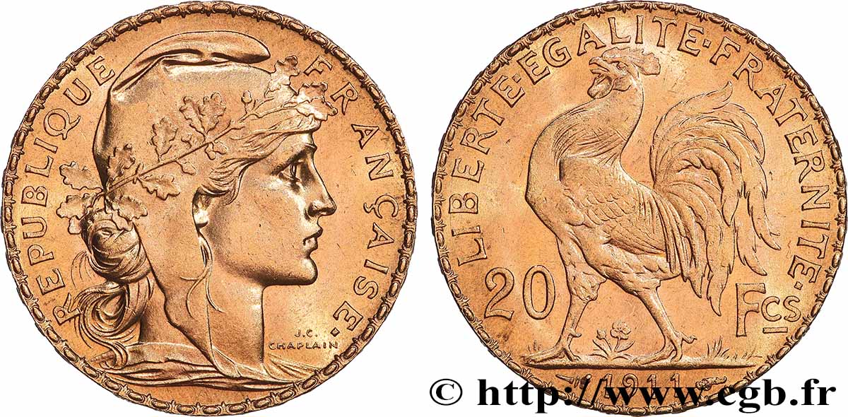 20 francs or Coq, Liberté Égalité Fraternité 1911 Paris F.535/5 SPL 