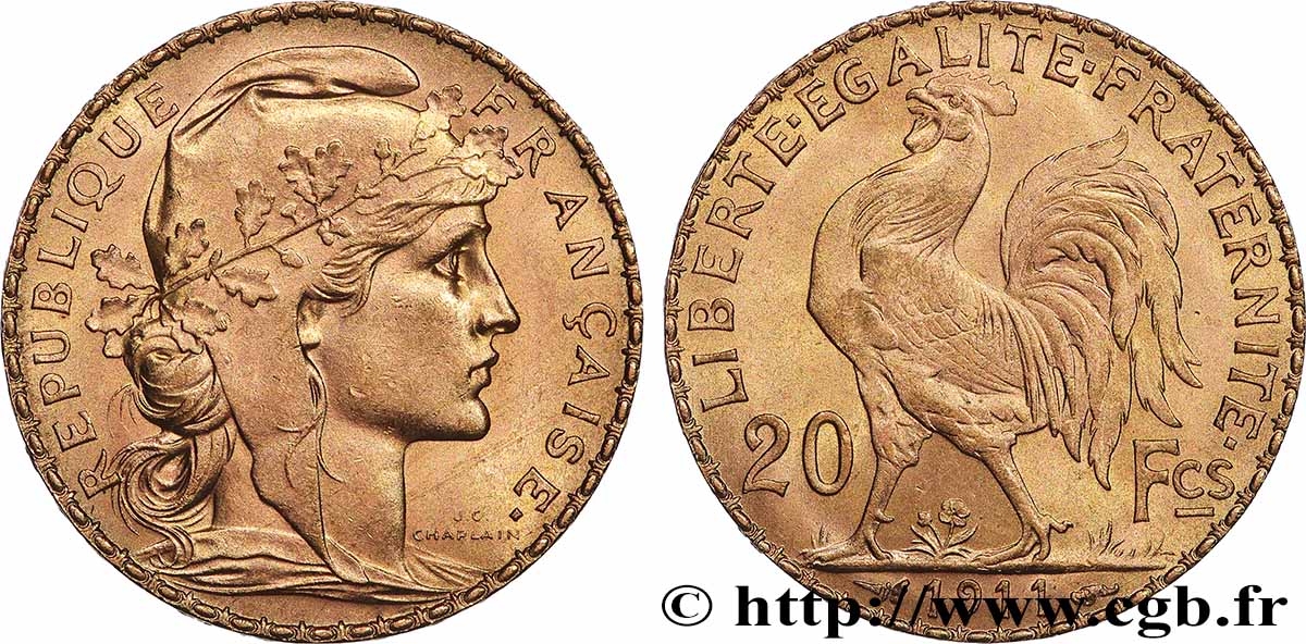 20 francs or Coq, Liberté Égalité Fraternité 1911 Paris F.535/5 MS 