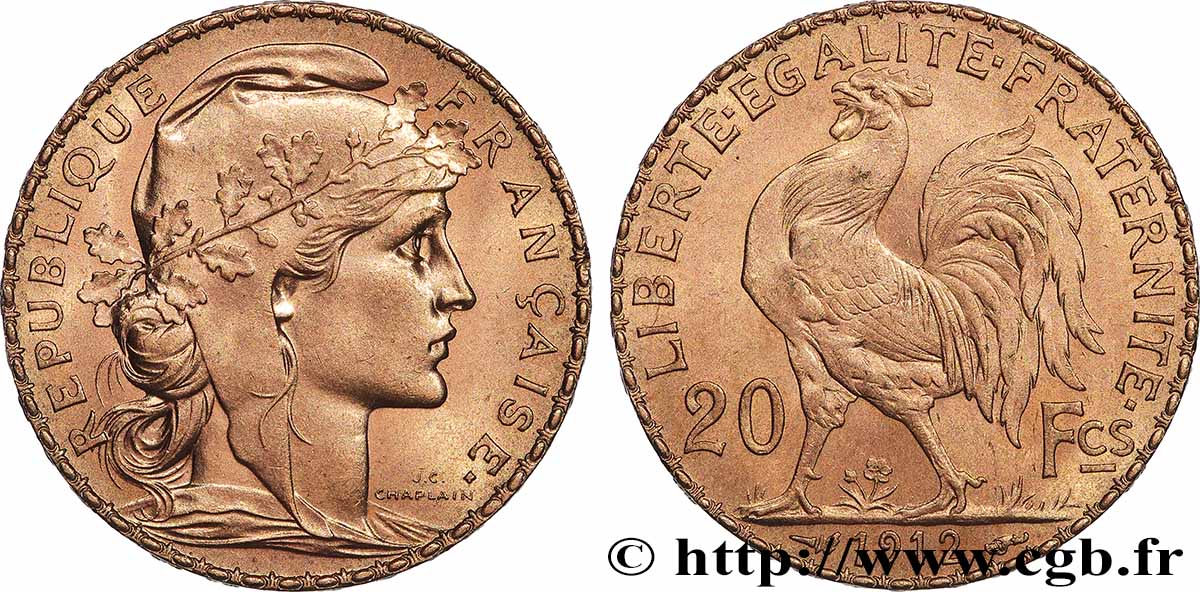 20 francs or Coq, Liberté Égalité Fraternité 1912 Paris F.535/6 EBC+ 