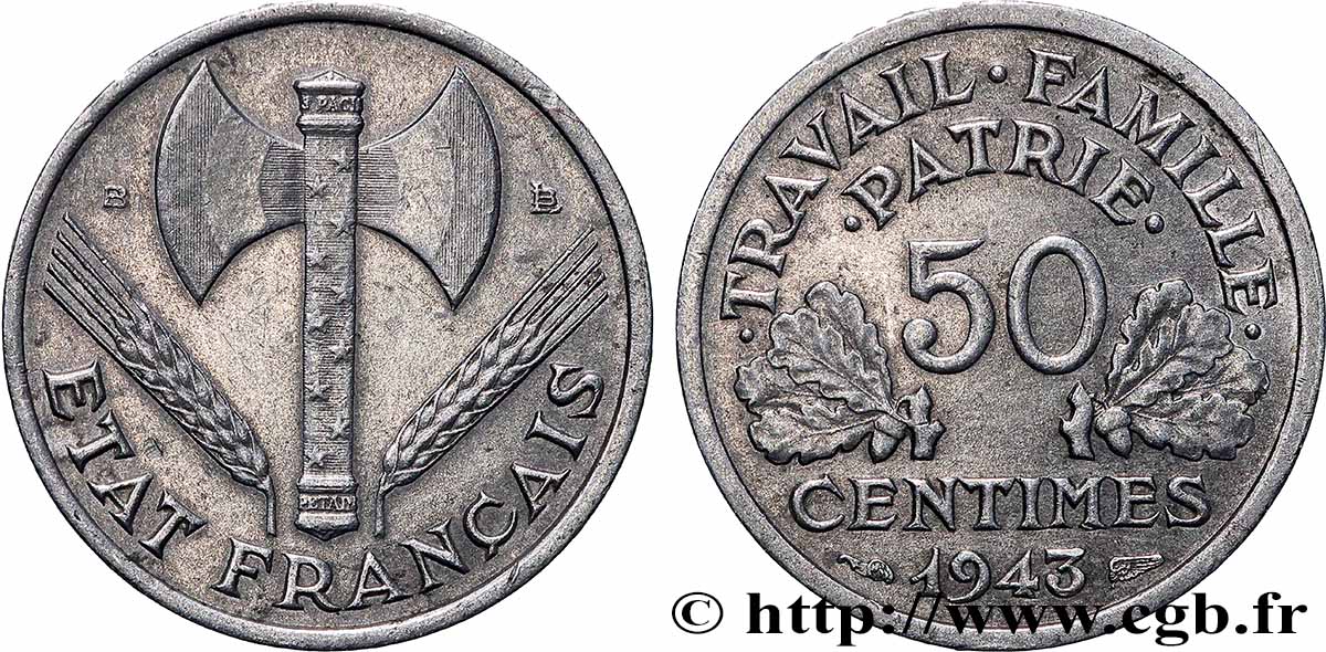 50 centimes Francisque, légère 1943 Beaumont-Le-Roger F.196/3 SUP+ 