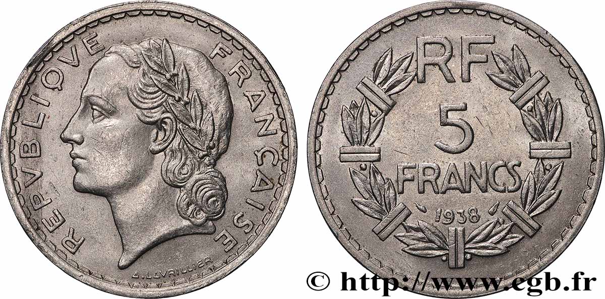 5 francs Lavrillier, nickel 1938  F.336/7 SUP 
