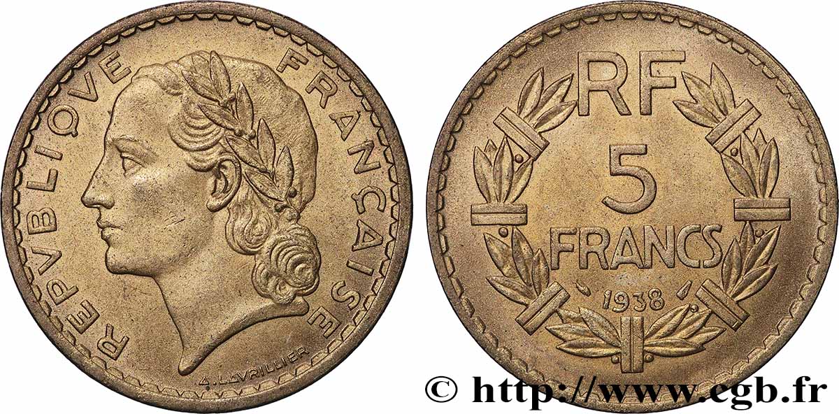 5 francs Lavrillier en bronze-aluminium 1938  F.337/1 TTB 