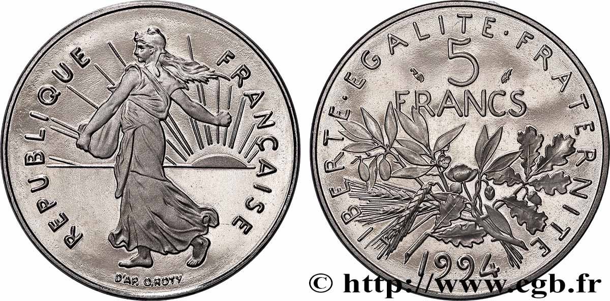 5 francs Semeuse, nickel, différent dauphin, BE (Belle Épreuve) 1994 Pessac F.341/29 var. SPL 