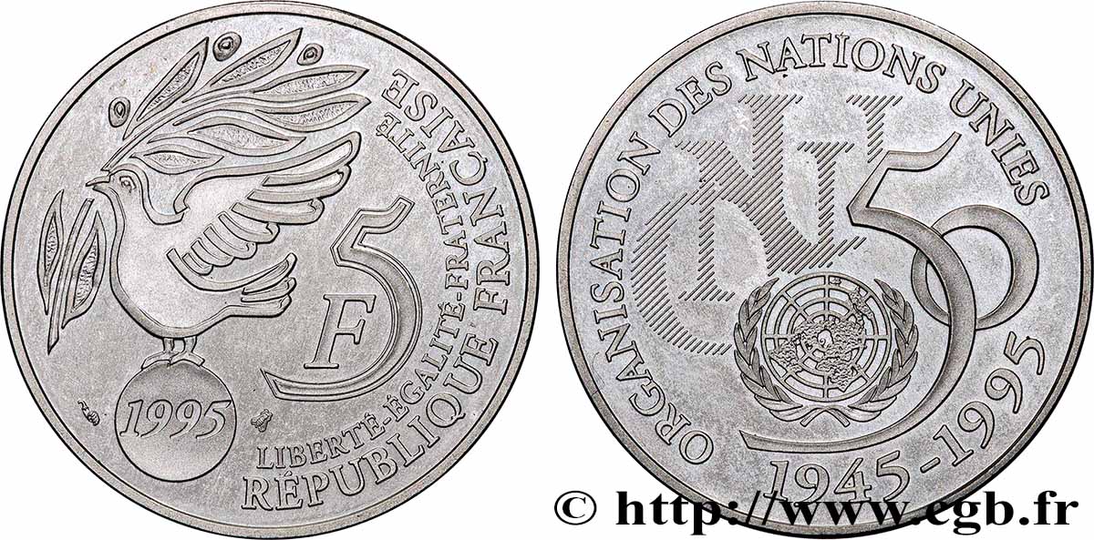 Belle Épreuve 5 francs Cinquantenaire de l’ONU 1995 Paris F5.1203 2 SUP 