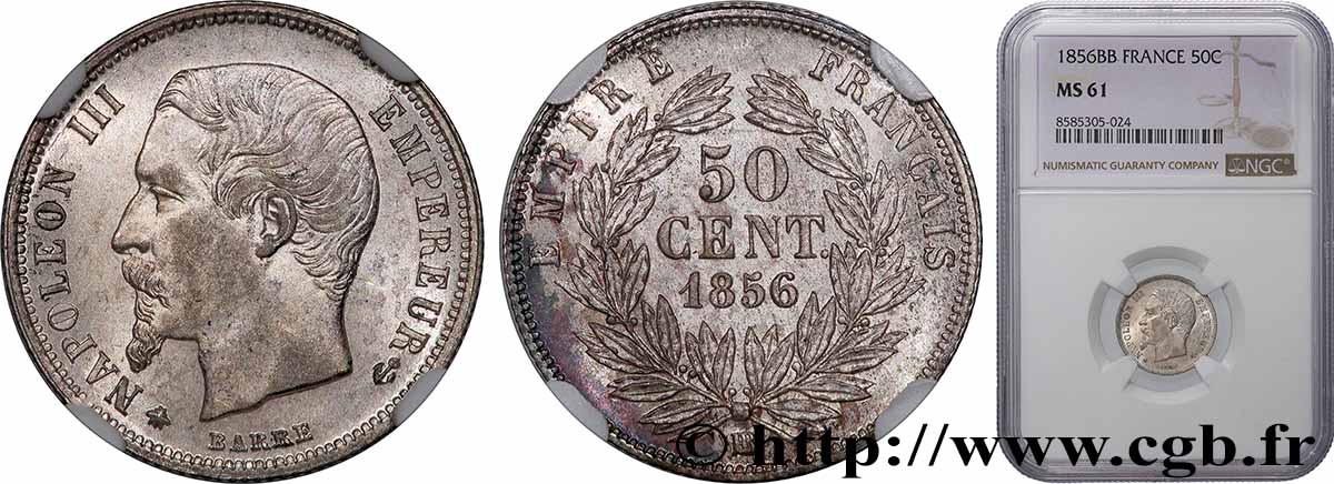 50 centimes Napoléon III, tête nue 1856 Strasbourg F.187/6 SUP61 NGC