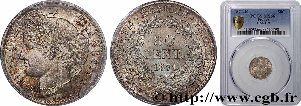 50 centimes Cérès, IIIe République 1871 Bordeaux F.189/2 FDC66 PCGS