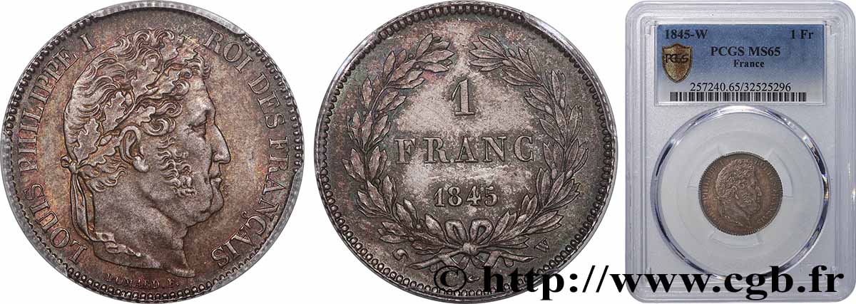 1 franc Louis-Philippe, couronne de chêne 1845 Lille F.210/104 FDC65 PCGS