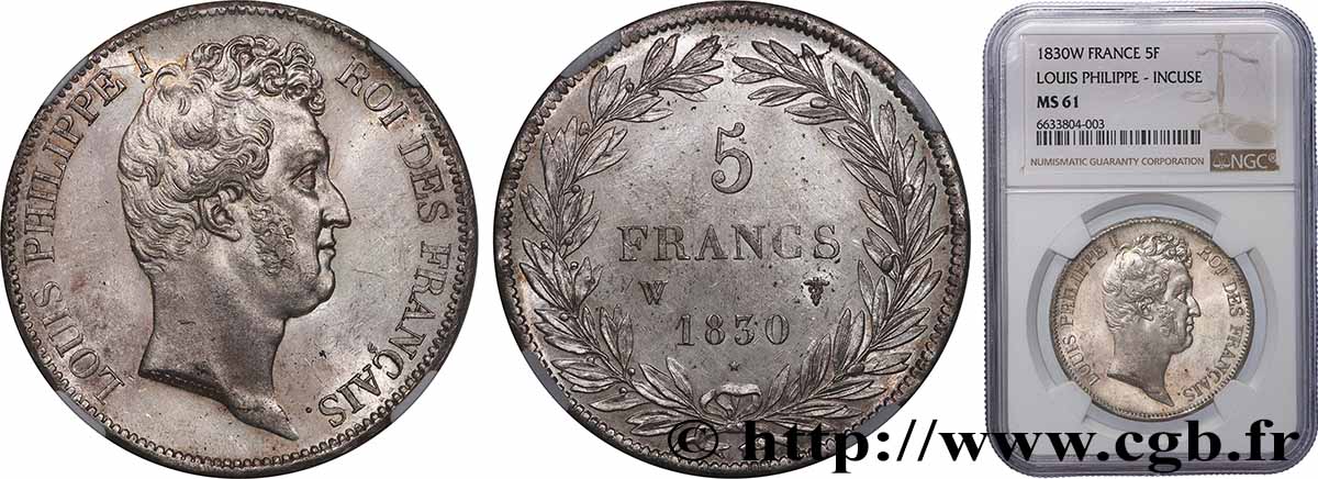 5 francs type Tiolier avec le I, tranche en creux 1830 Lille F.315/13 SUP61 NGC
