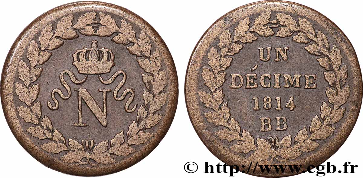 Un décime à l’N couronnée 1814 Strasbourg F.131/1 TB 
