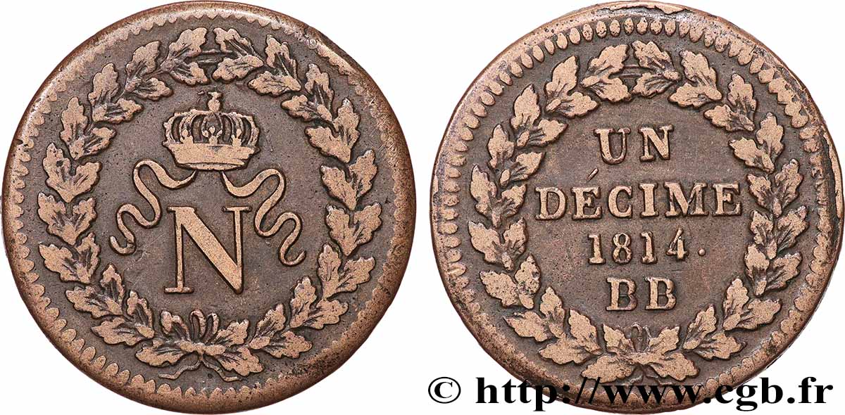 Un décime à l’N couronnée 1814 Strasbourg F.131/4 VF 