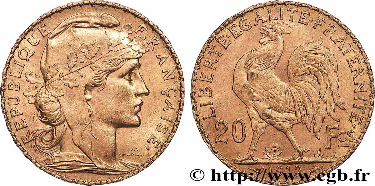 20 francs or Coq, Liberté Égalité Fraternité 1912 Paris F.535/6 MS 