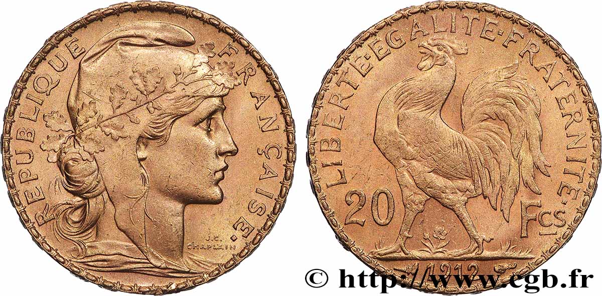 20 francs or Coq, Liberté Égalité Fraternité 1912 Paris F.535/6 EBC 