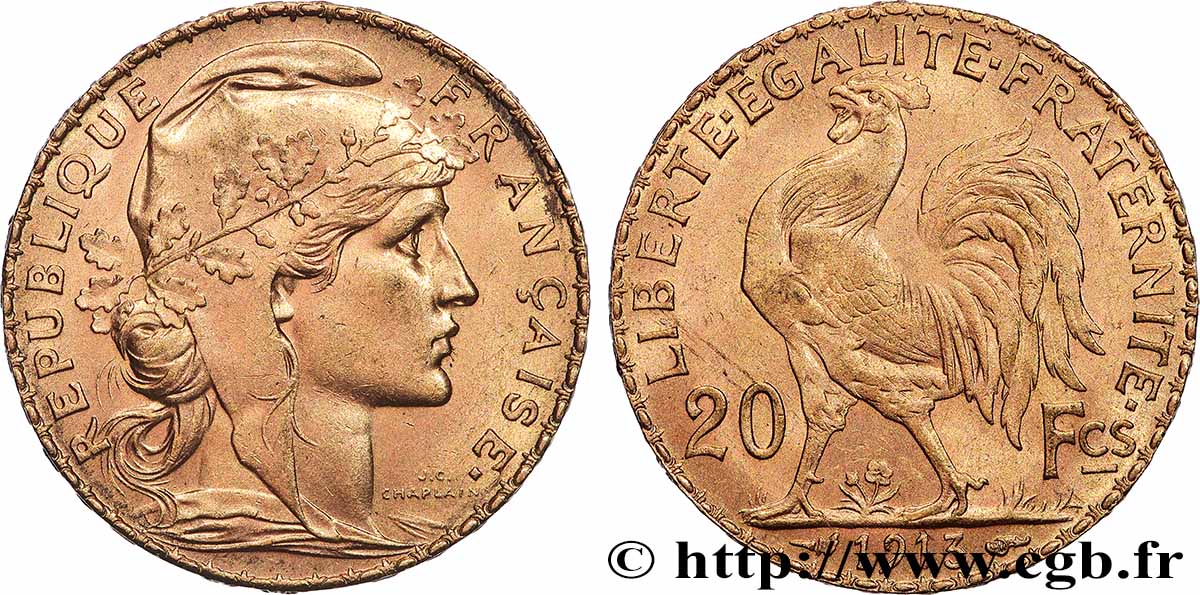 20 francs or Coq, Liberté Égalité Fraternité 1913 Paris F.535/7 MS 