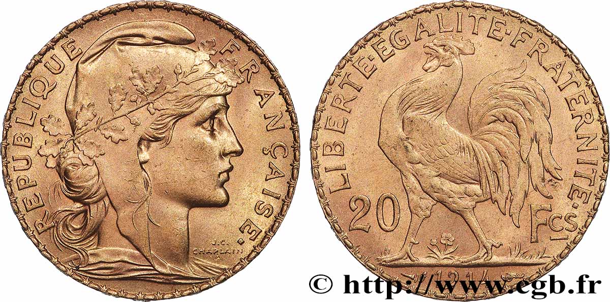 20 francs or Coq, Liberté Égalité Fraternité 1914 Paris F.535/8 MS 