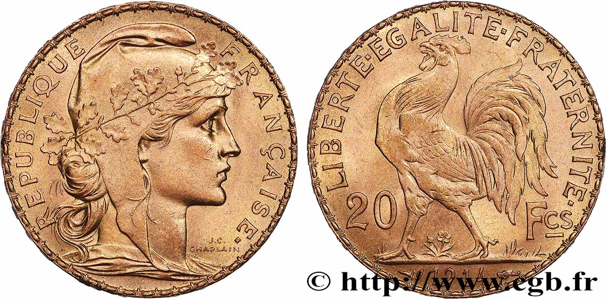 20 francs or Coq, Liberté Égalité Fraternité 1914 Paris F.535/8 SUP+ 