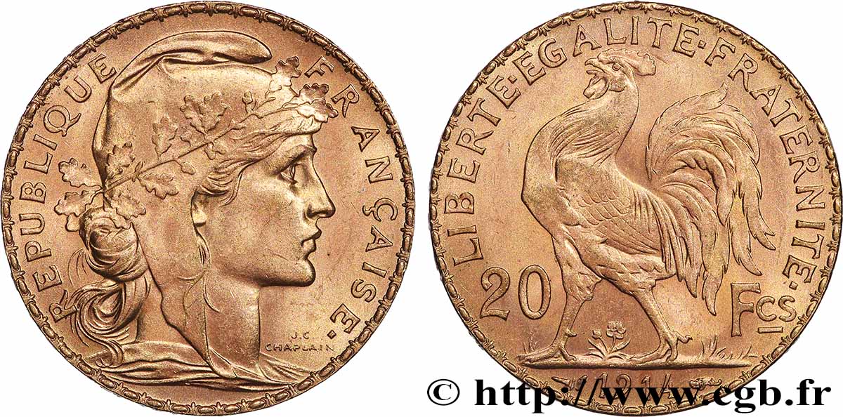 20 francs or Coq, Liberté Égalité Fraternité 1914 Paris F.535/8 SPL 