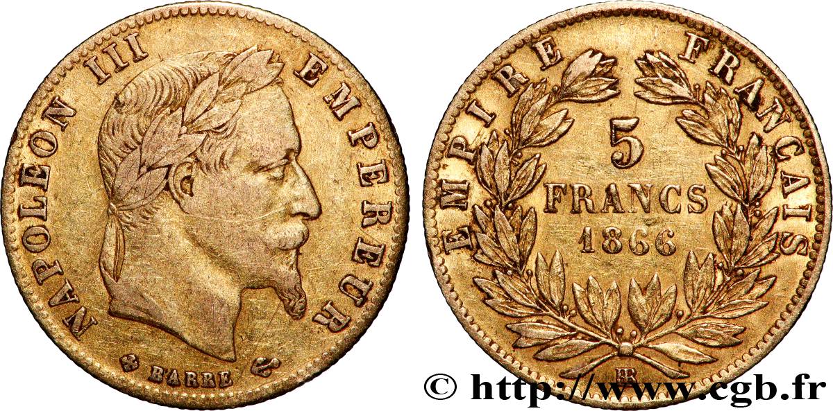 5 francs or Napoléon III, tête laurée 1866 Strasbourg F.502/10 VF 