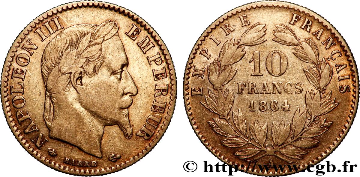 10 francs or Napoléon III, tête laurée, type définitif à grand 10 1864 Paris F.507A/6 VF 
