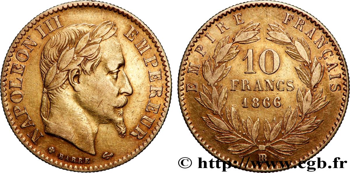 10 francs or Napoléon III, tête laurée 1866 Strasbourg F.507A/14 TB+ 