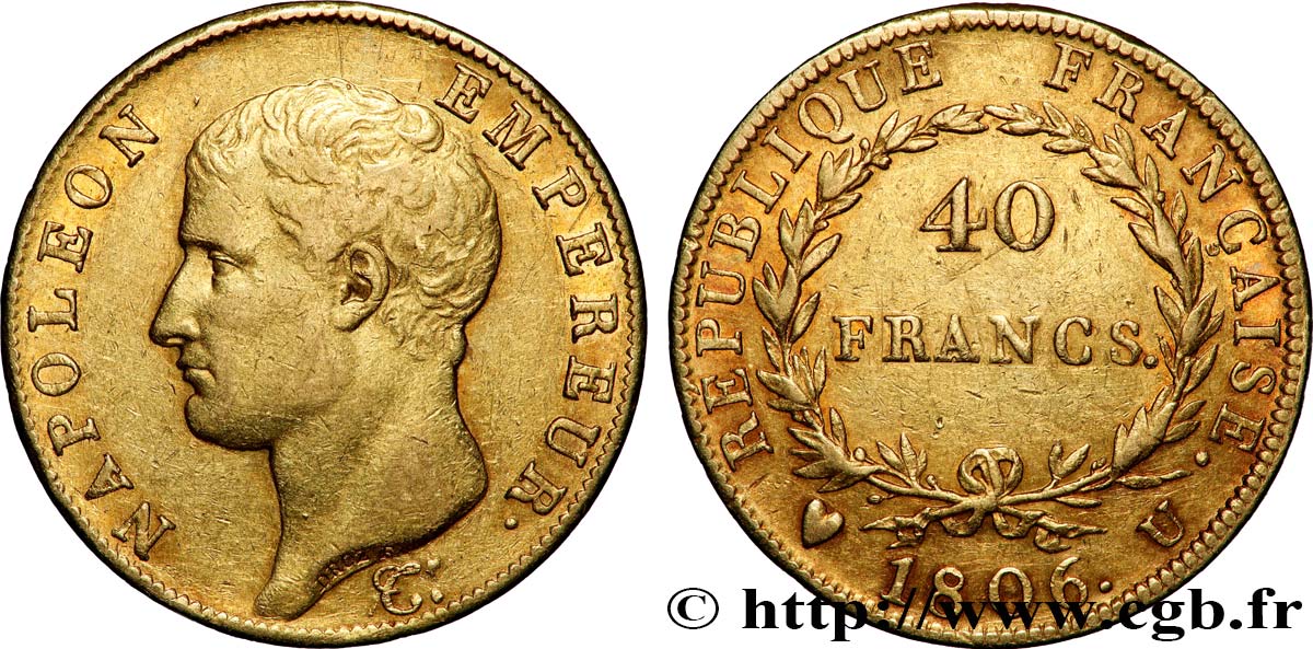 40 francs or Napoléon tête nue, Calendrier grégorien 1806 Turin F.538/4 XF 