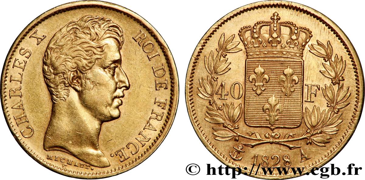 40 francs or Charles X, 2e type 1828 Paris F.544/3 MBC+ 