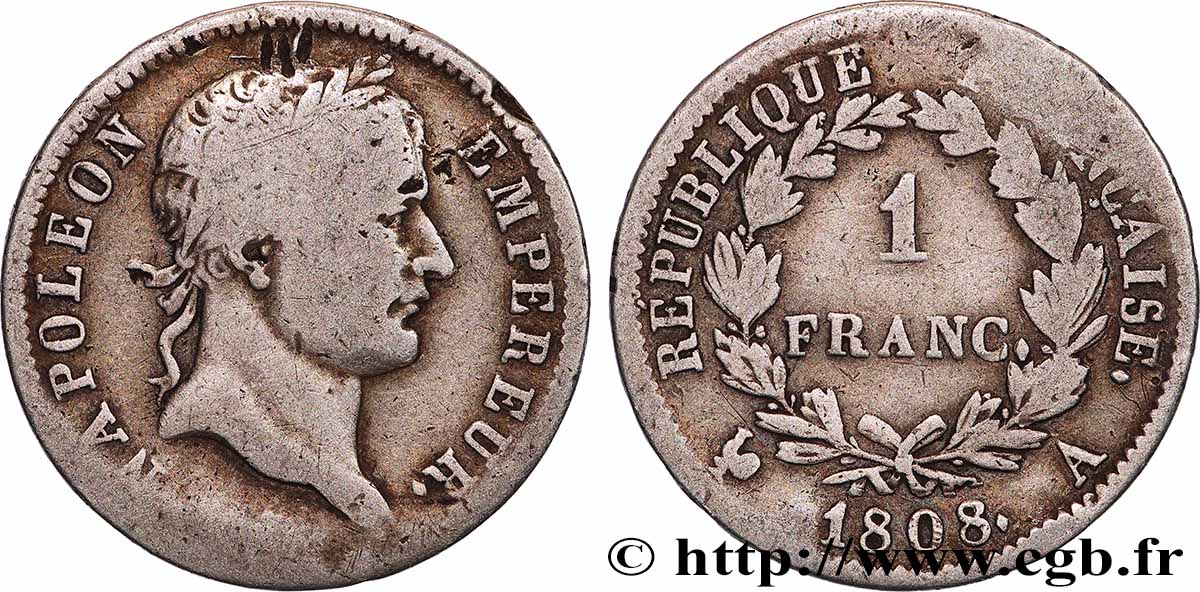 1 franc Napoléon Ier tête laurée, République française 1808 Paris F.204/2 VF 